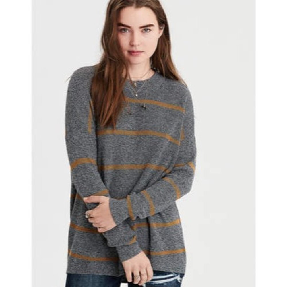 American Eagle AEO Gray & Yellow Knit Stripe Long Sleeve S